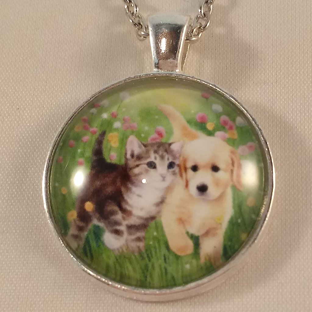 Silver Cat Kitten Dog Puppy Cabochon Pendant Chain Necklace 20